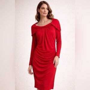 ELLEN TRACY Red Ruched Cowl Neck Long Sleeve Cocktail Gown/size S